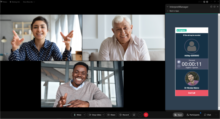 Graphic depicting Webex Video call on the Boostlingo Webex Embedded App, InterpretManager