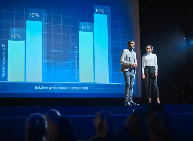 On Stage, Successful Female Executive and Male Manager Present New Product