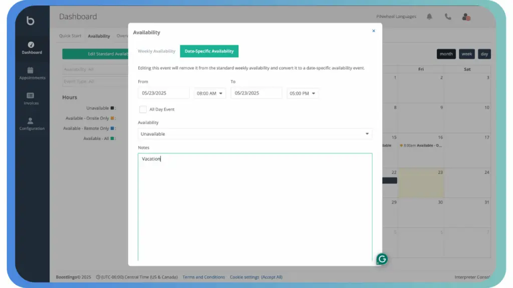 Let Interpreters Manage Their Availability