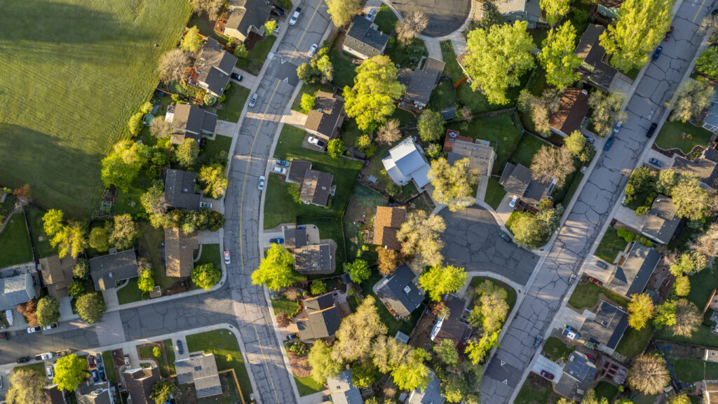 spring sunrise over residential area of Fort Collins in Colorado, aerial panorama