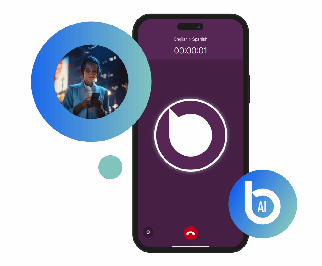 Smartphone screen showing an AI interpreting call in progress