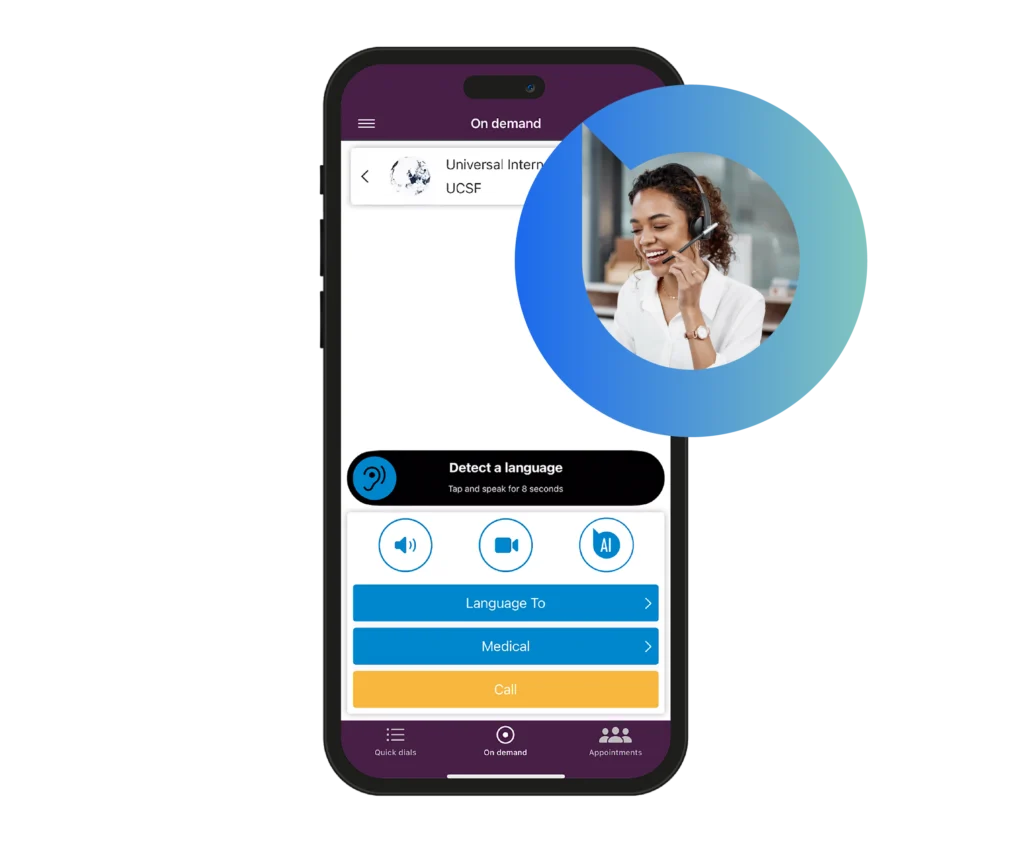 Smartphone screen showing Boostlingo On-Demand with AI Interpreter
