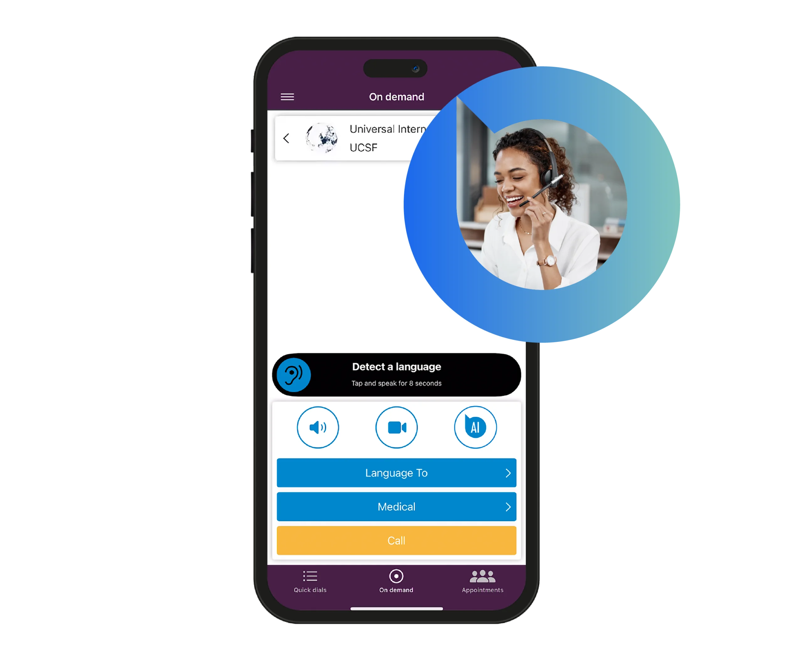 Smartphone screen showing Boostlingo On-Demand with AI Interpreter