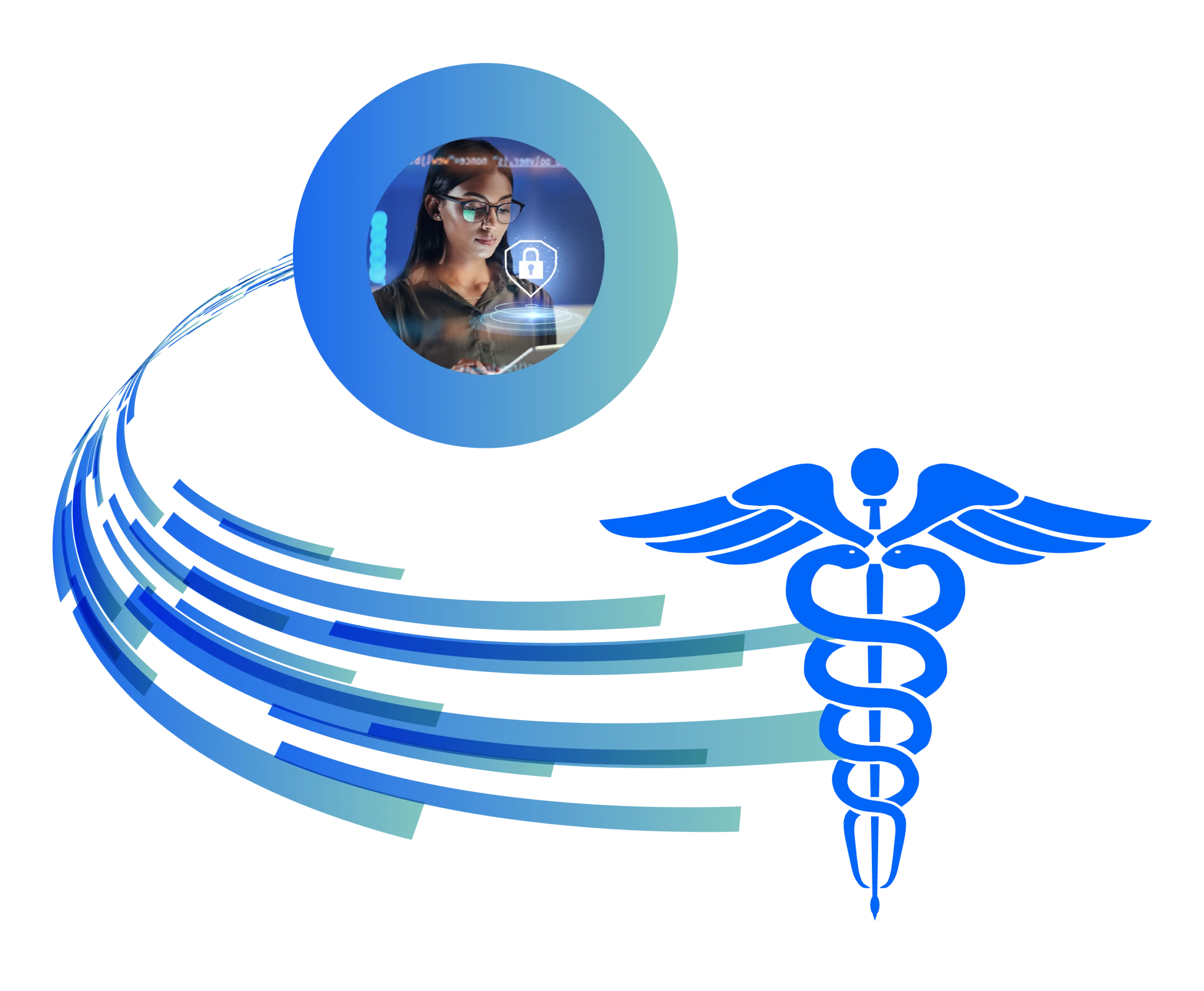 Illustration showing AI-driven interpreting supporting secure medical communication, represented by data flow connecting a clinician to a healthcare symbol.
