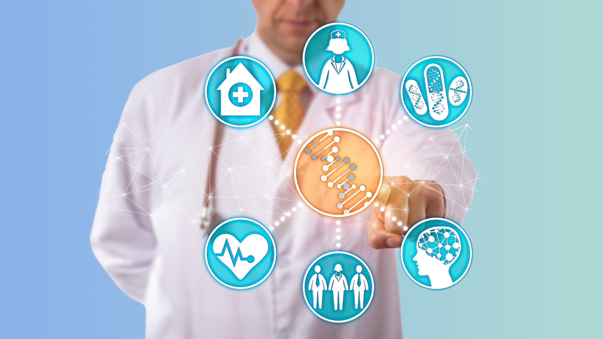 A doctor in a white coat is pressing a digital interface displaying interconnected healthcare icons, including genetics (DNA strand), medical staff, home care, heart health, family, brain, and mitochondria, representing integrated medical and genetic healthcare technology.
