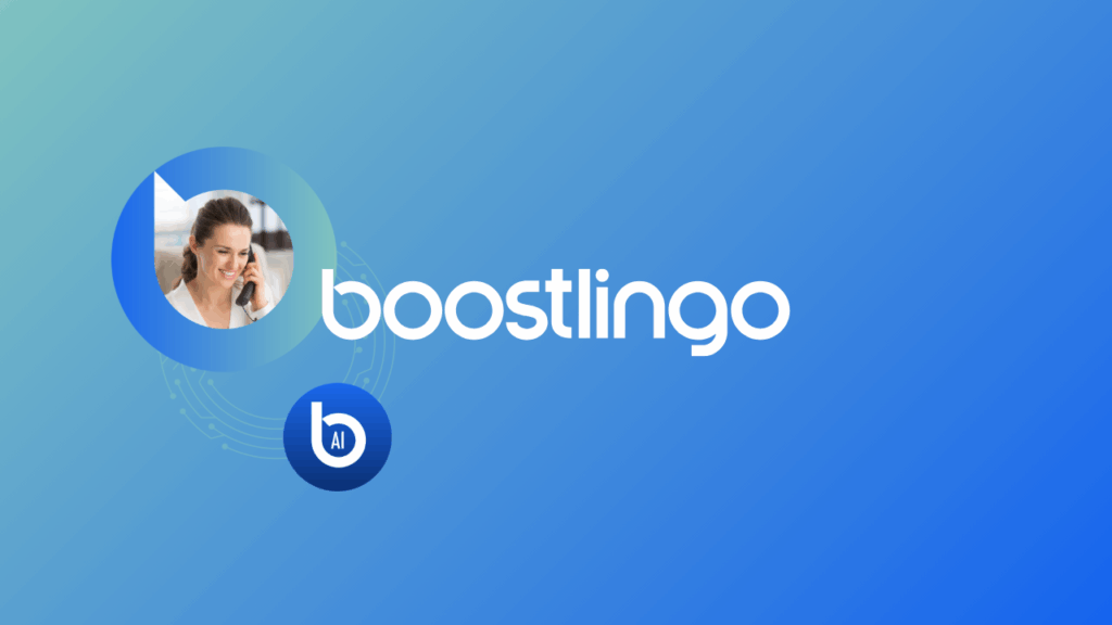 Image showing the Boostlingo logo on a blue gradient background with the AI Interpreter for phone call workflows design