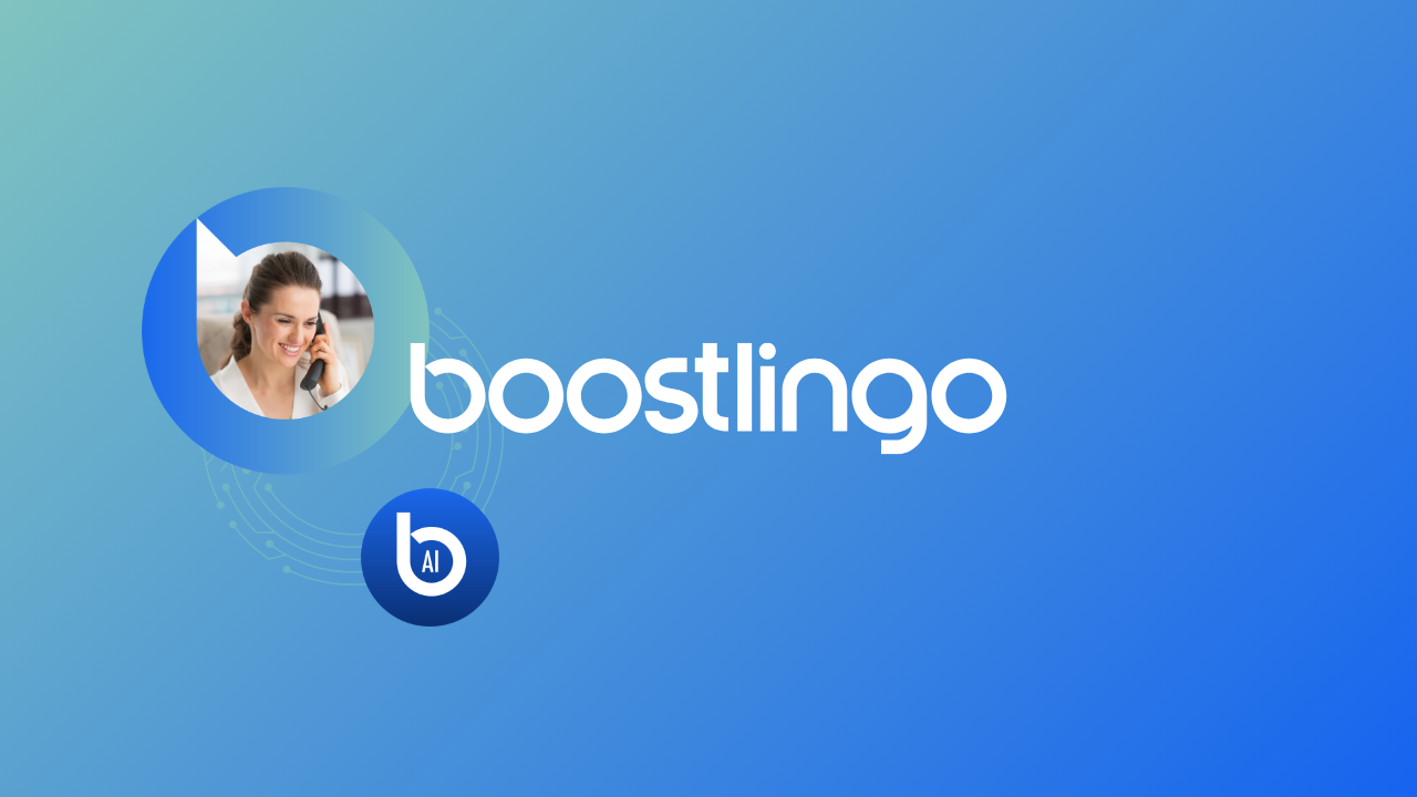 Image showing the Boostlingo logo on a blue gradient background with the AI Interpreter for phone call workflows design