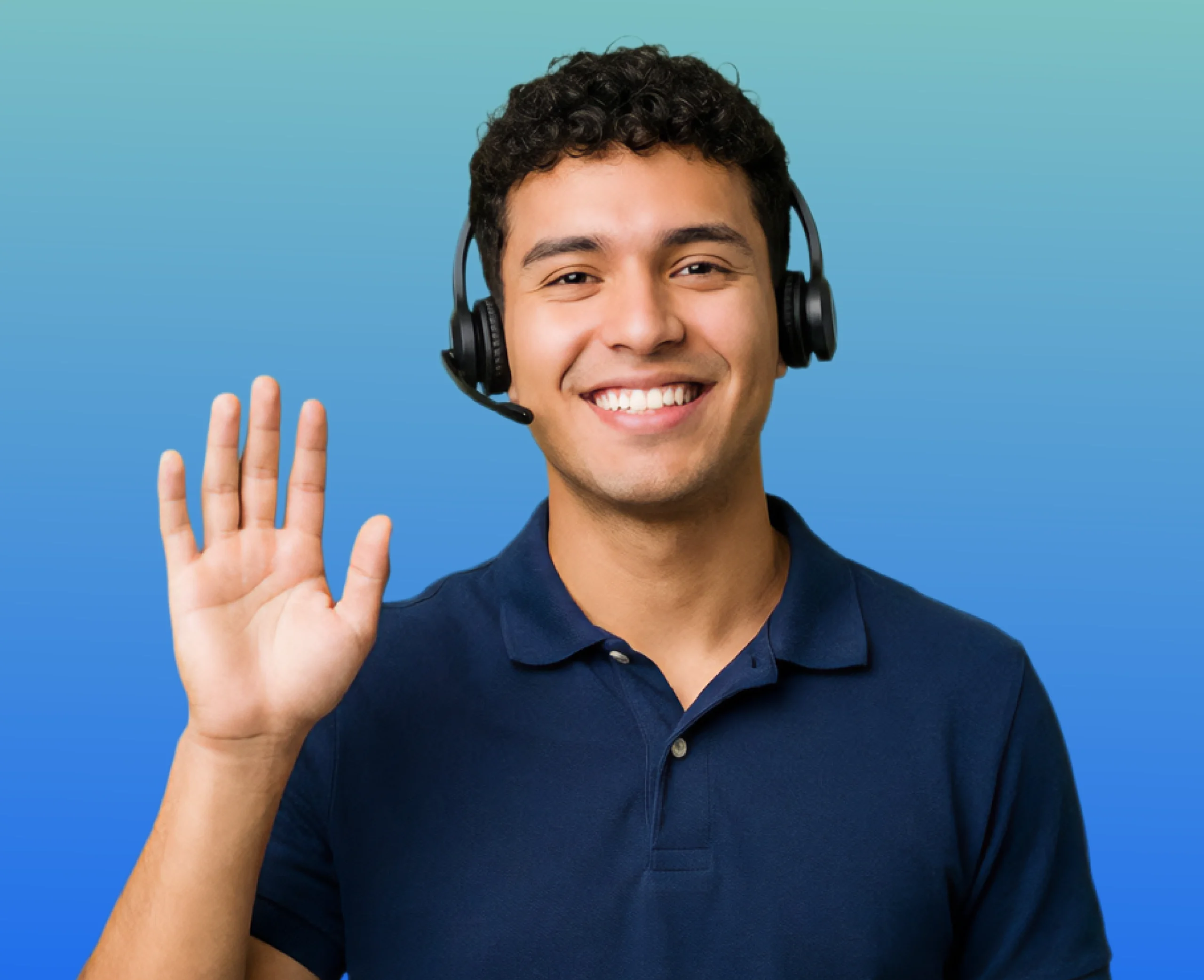 Hispanic interpreter with headset on smiling and waving at the camera