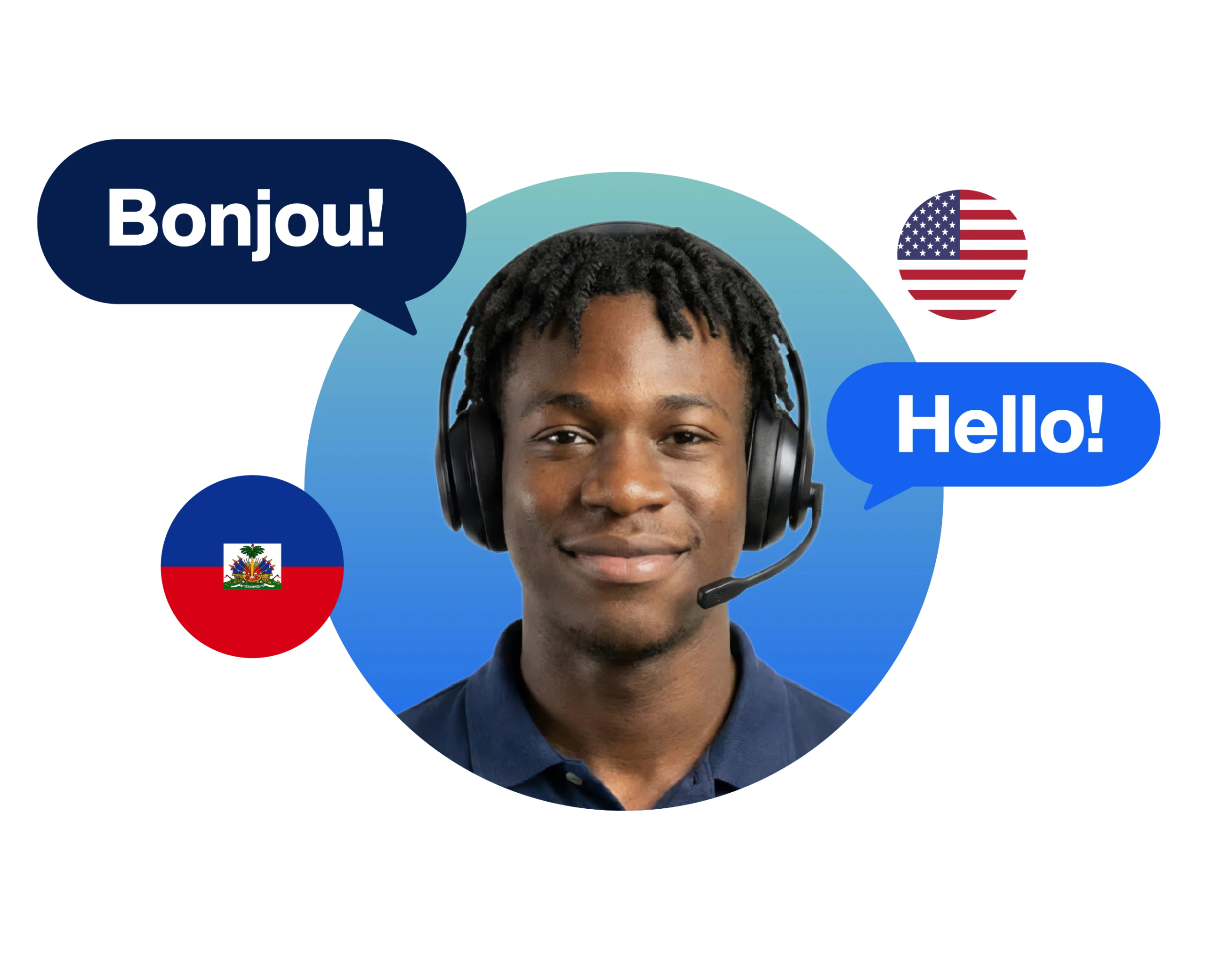 A Haitian Creole interpreter with a headset on, translating the word "hello" into "bonjou." Haitian and United States flags are also featured.