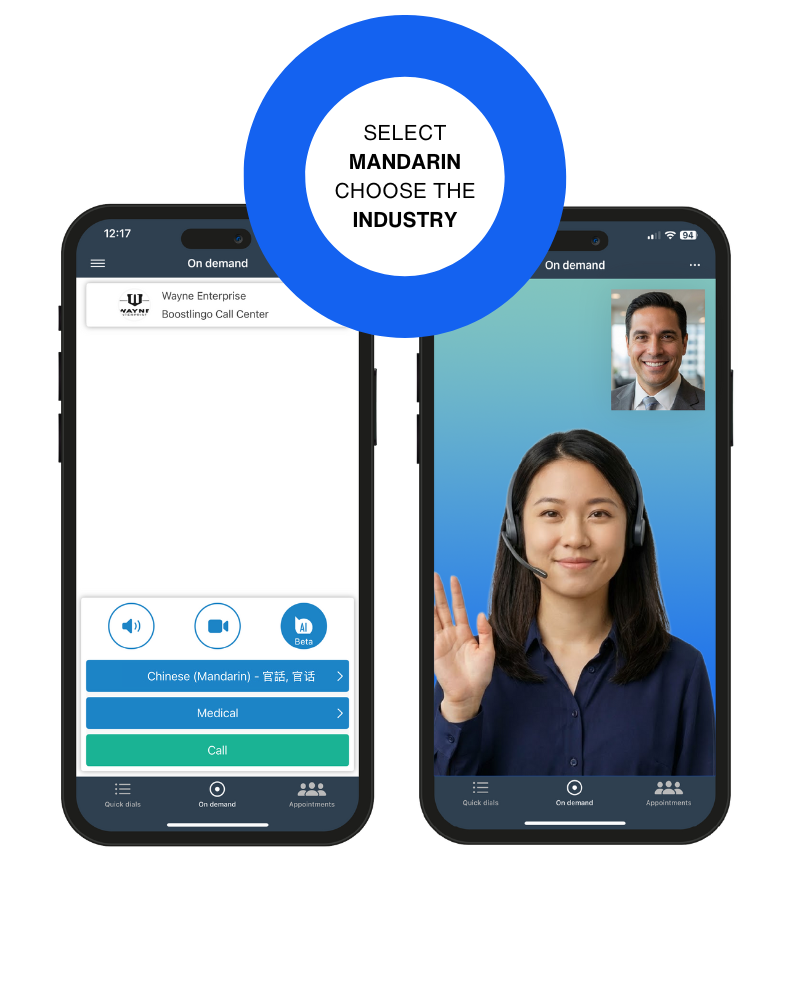 Boostlingo app selecting a Chinese Mandarin medical interpreter, connecting to a Mandarin interpreter with a headset on. Text instructs the reader to select Mandarin and choose the industry.