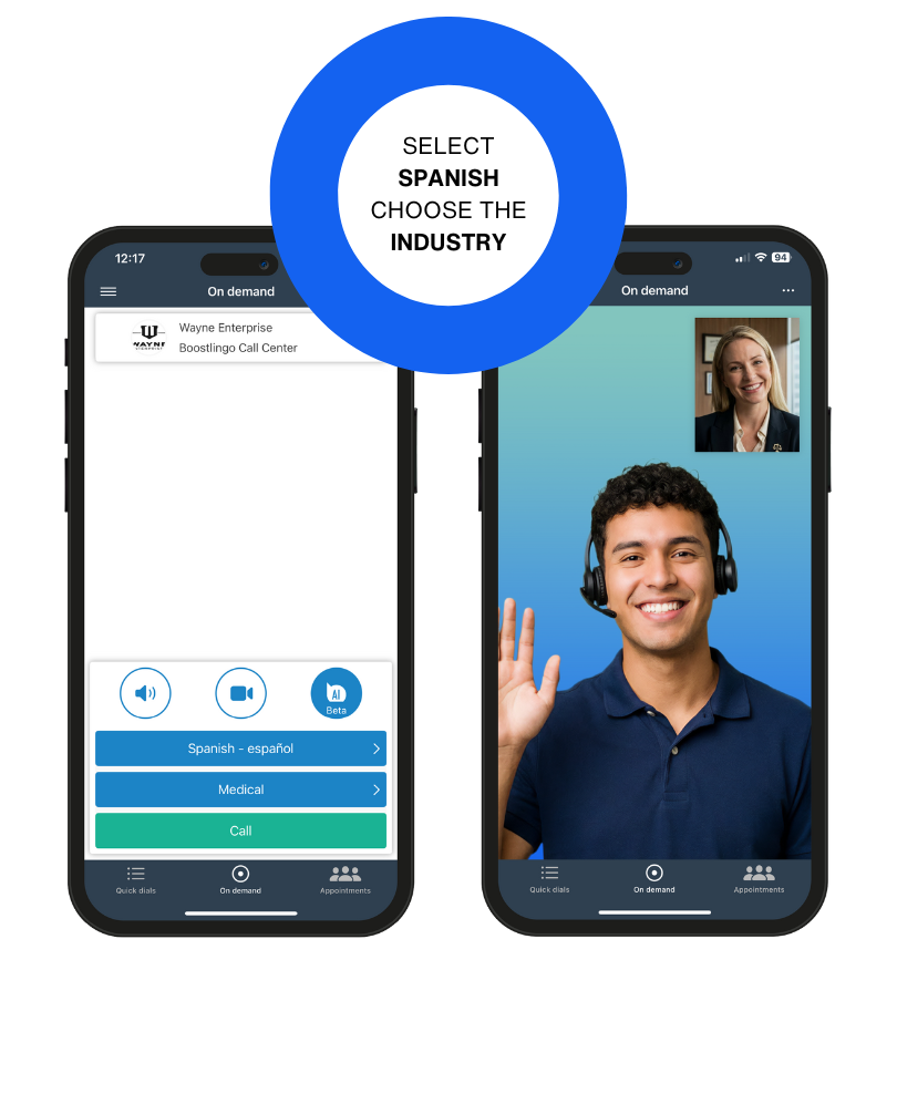 Boostlingo app selecting spanish medical interpreter, connecting to a spanish interpreter with a headset on. Text instructs the reader to select Spanish and choose the industry.