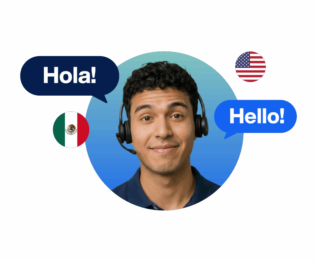 A Spanish interpreter with a headset on, translating the word "hello" into "hola." Mexican and United States flags are also featured.
