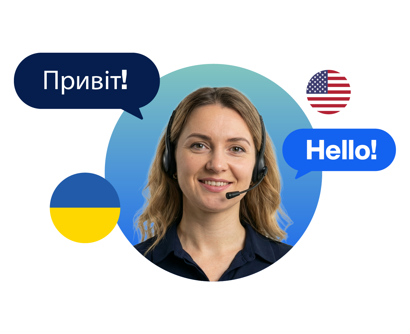 A female Ukrainian interpreter with a headset on, translating the word "hello". The flags of Ukraine and the United States are also featured.