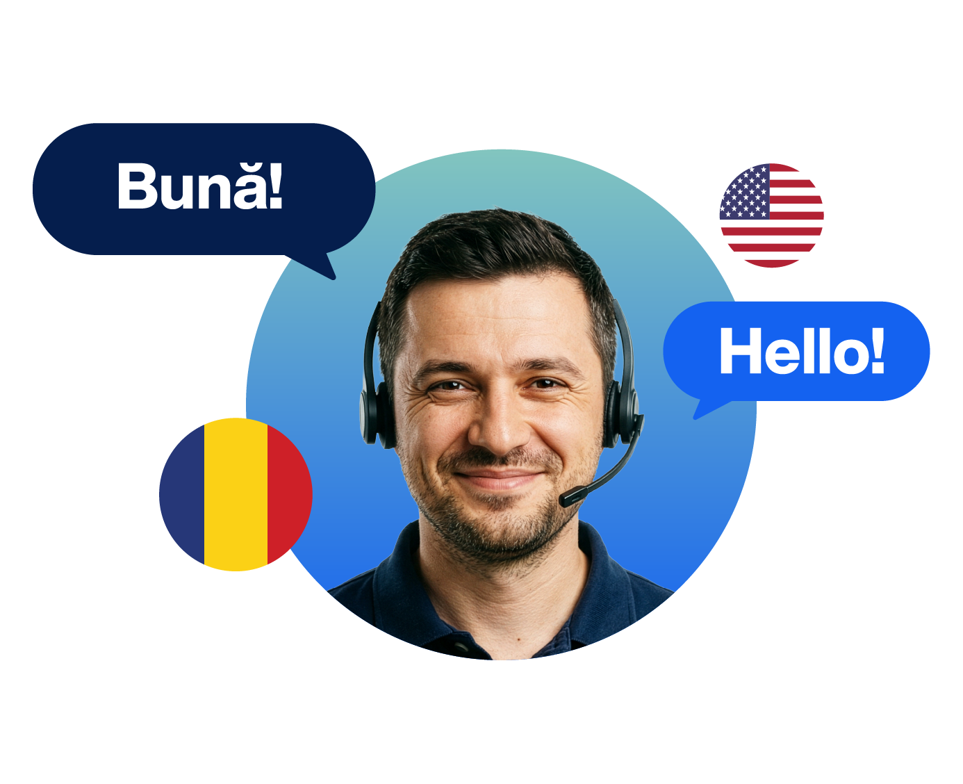A male Romanian interpreter with a headset on, translating the word "hello". The flags of Romania and the United States are also featured.