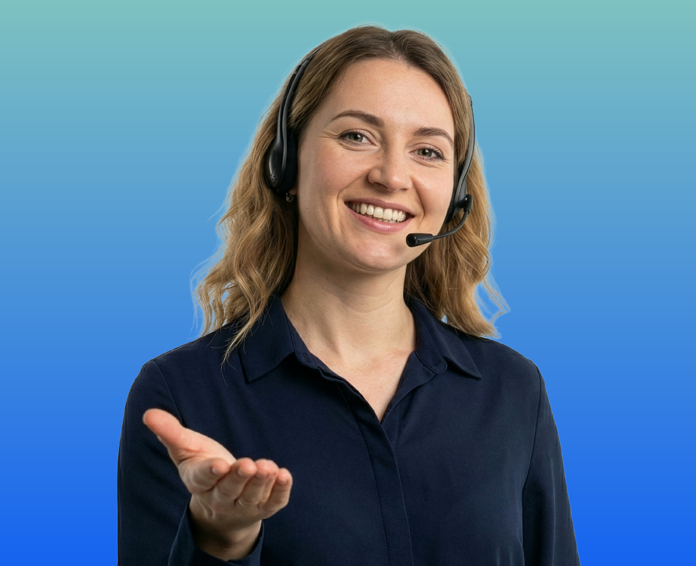 Ukranian interpreter with a headset on, smiling at the camera