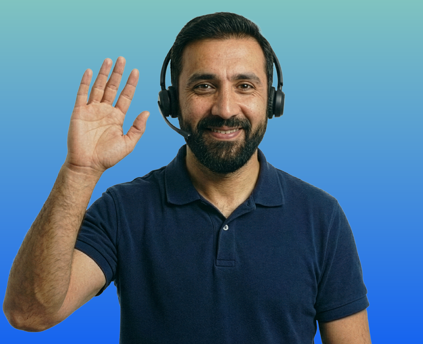 Dari interpreter with a headset on smiling at the camera