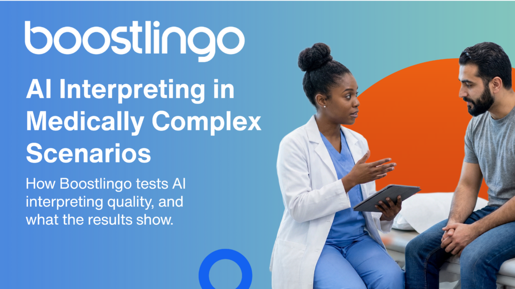 Cover image of a study titled "AI Interpreting in Medical Complex Scenarios" by Boostlingo.