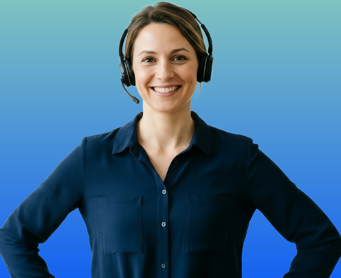 French interpreter with a headset on smiling at the camera