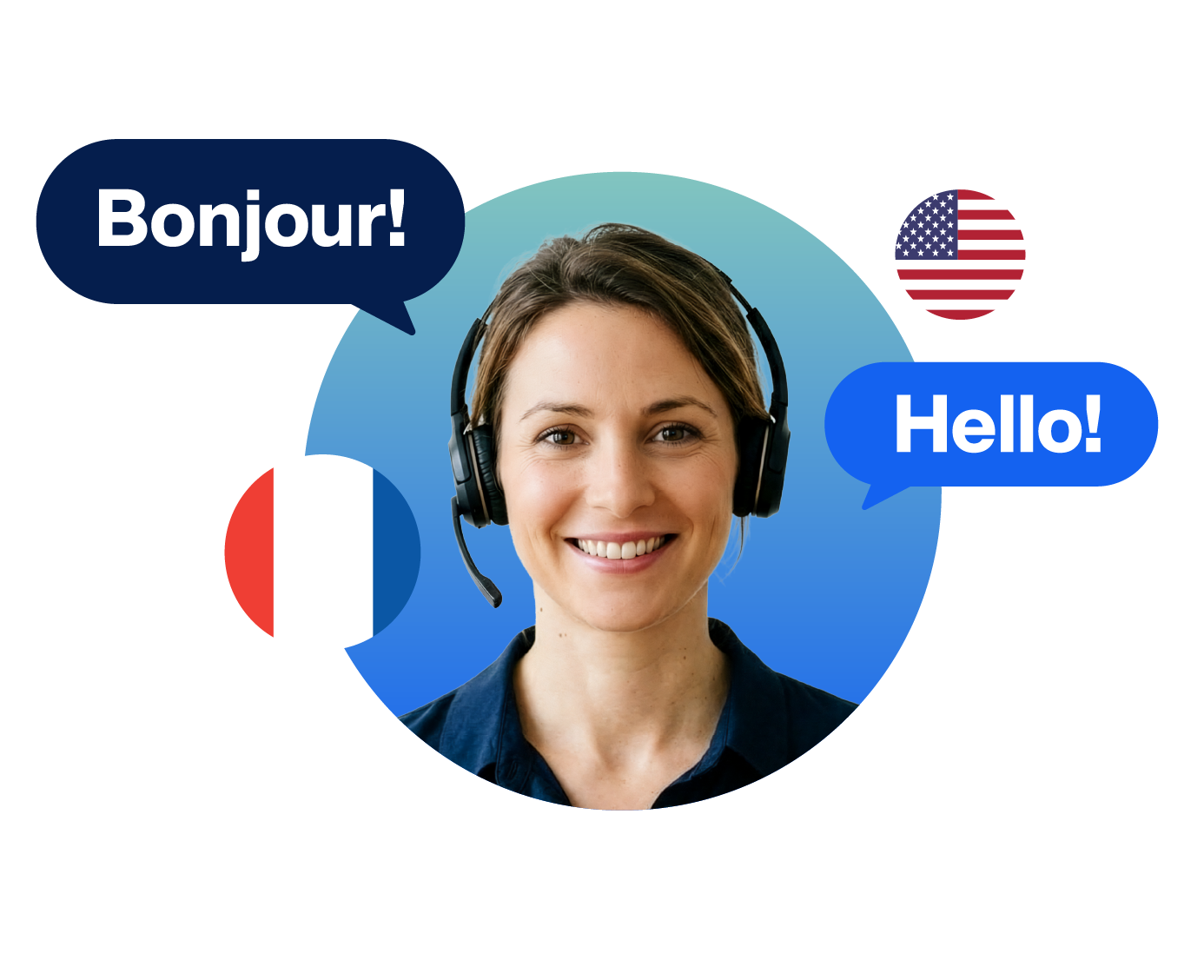 A female French interpreter with a headset on, translating the word "hello" into "Bonjour." The flags of France and the United States are also featured.