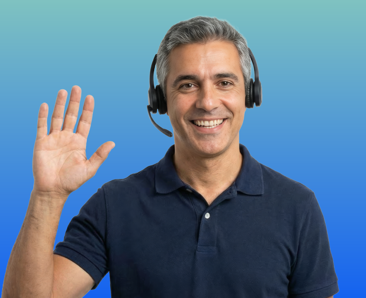 Portuguese interpreter with a headset on smiling at the camera