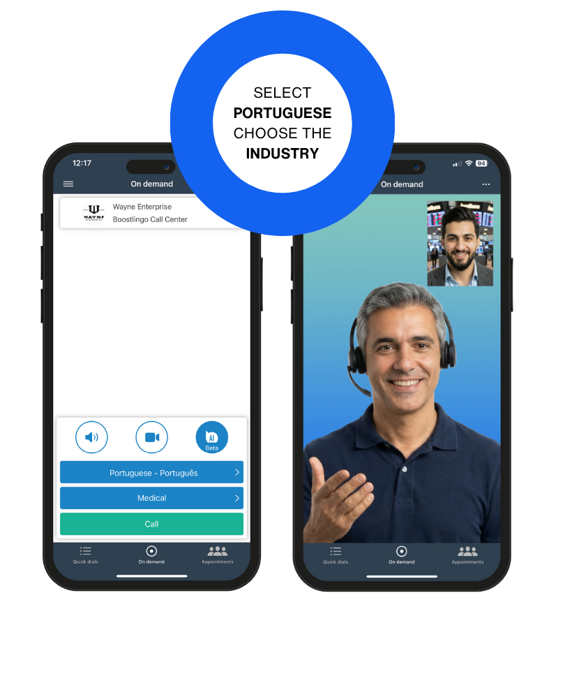 Boostlingo app selecting a medical interpreter, connecting to an interpreter with a headset on. Text instructs the reader to select Portuguese and choose the industry.