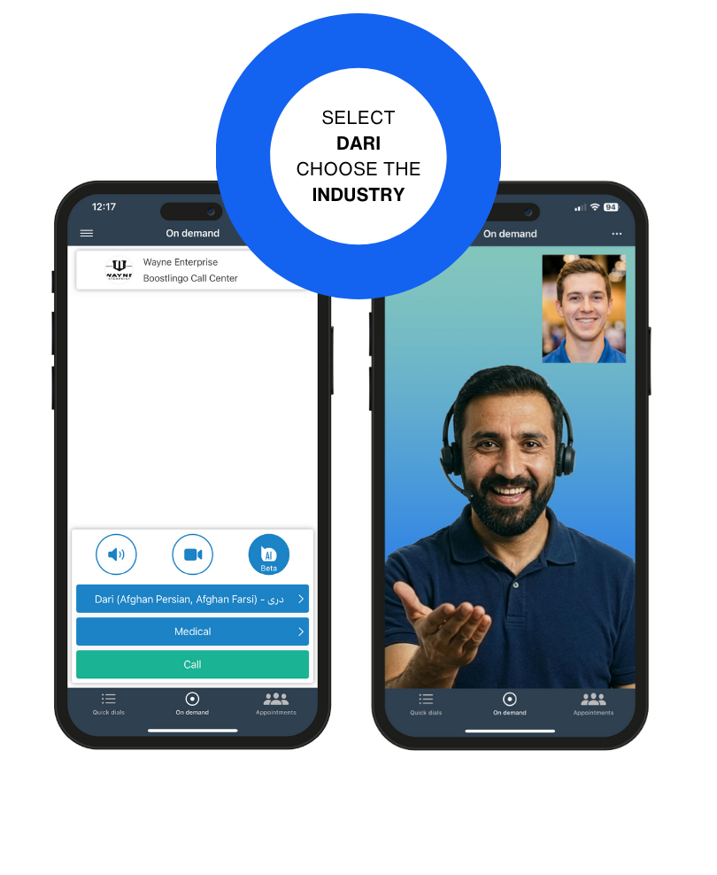 Boostlingo app selecting a Dari medical interpreter, connecting to a Dari interpreter with a headset on. Text instructs the reader to select Dari and choose the industry.