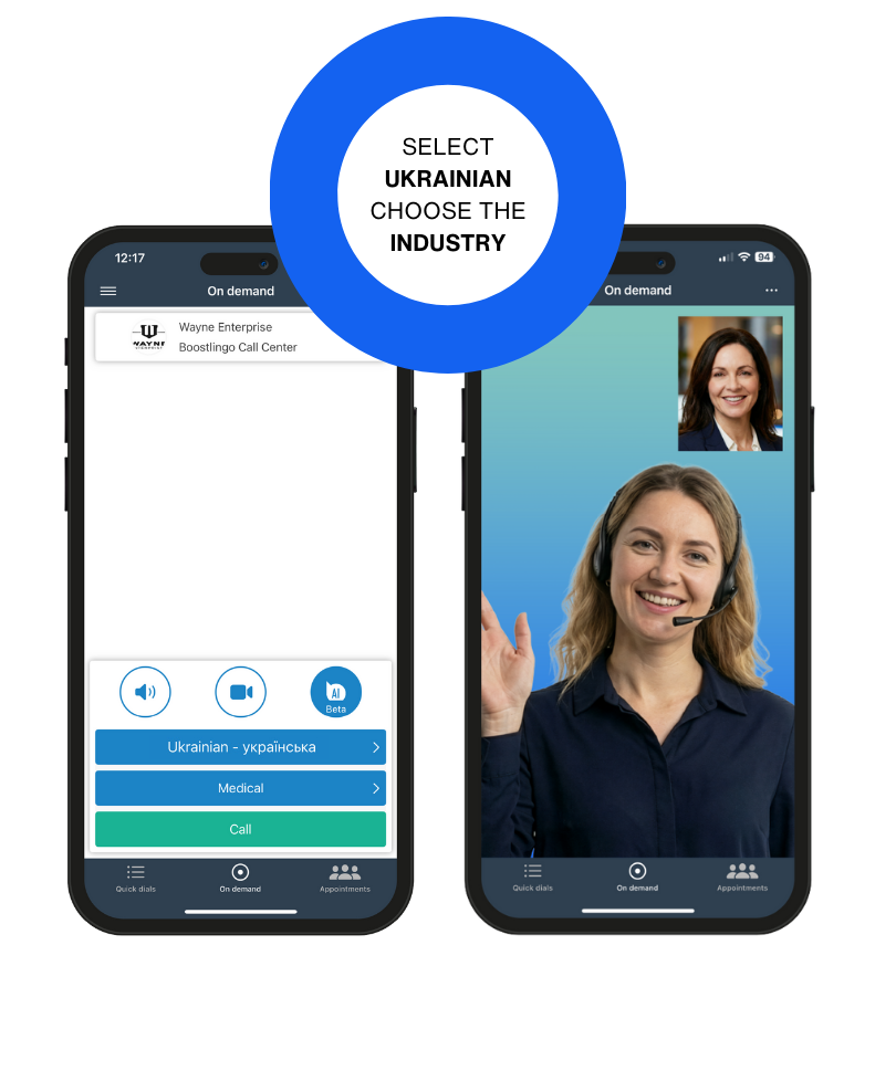 Boostlingo app selecting a Ukrainian medical interpreter, connecting to a Ukrainian interpreter with a headset on. Text instructs the reader to select Ukrainian and choose the industry
