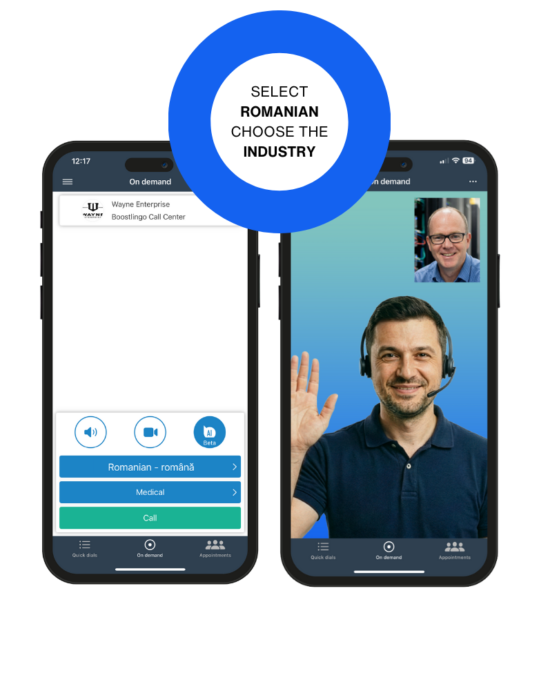 Boostlingo app selecting a Romanian medical interpreter, connecting to a Romanian interpreter with a headset on. Text instructs the reader to select Romanian and choose the industry.