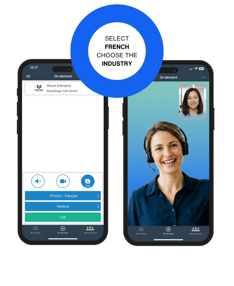 Boostlingo app selecting a French medical interpreter, connecting to a Mandarin interpreter with a headset on. Text instructs the reader to select French and choose the industry.