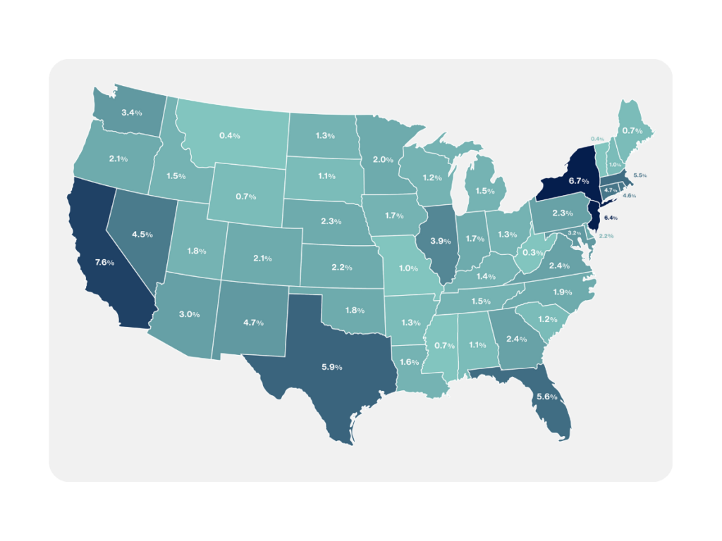 U.S. map showing darker shading where LEP households are more concentrated and lighter shading where they are less concentrated.