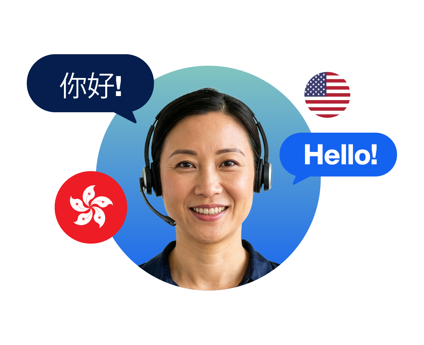 A female Cantonese interpreter with a headset on, translating the word "hello". The flags of Hong Kong and the United States are also featured.