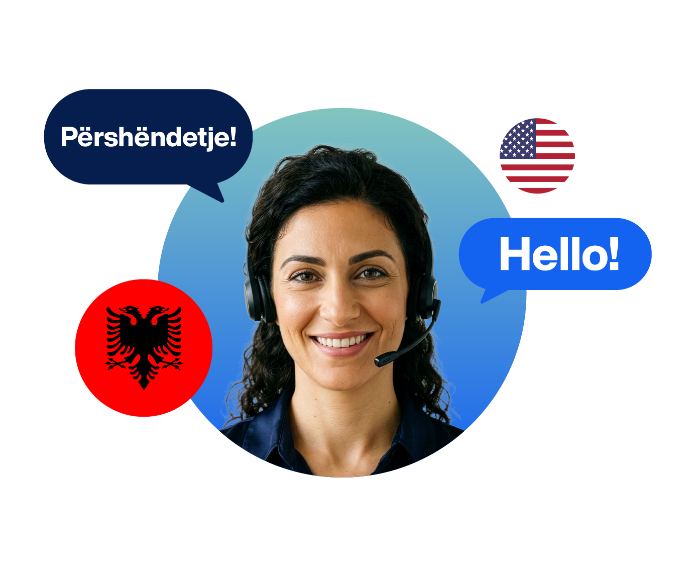 A female Albanian interpreter with a headset on, translating the word "hello". The flags of Albania and the United States are also featured.