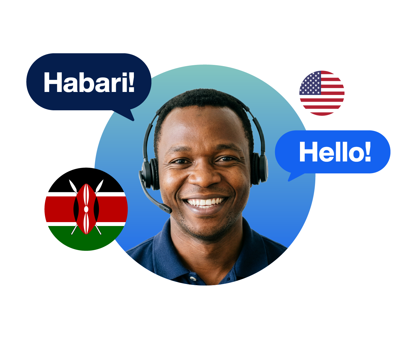 A male Swahili interpreter with a headset on, translating the word "hello". The flags of Kenya and the United States are also featured.