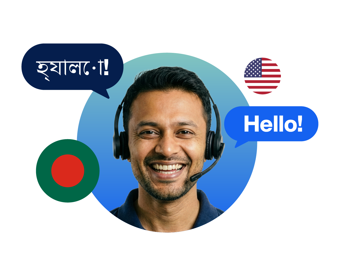 A male Bengali interpreter with a headset on, translating the word "hello". The flags of Bangladesh and the United States are also featured.