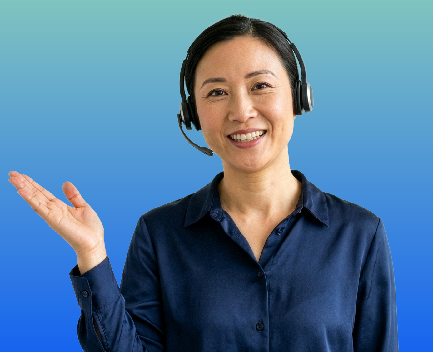 Cantonese interpreter with a headset on, smiling at the camera