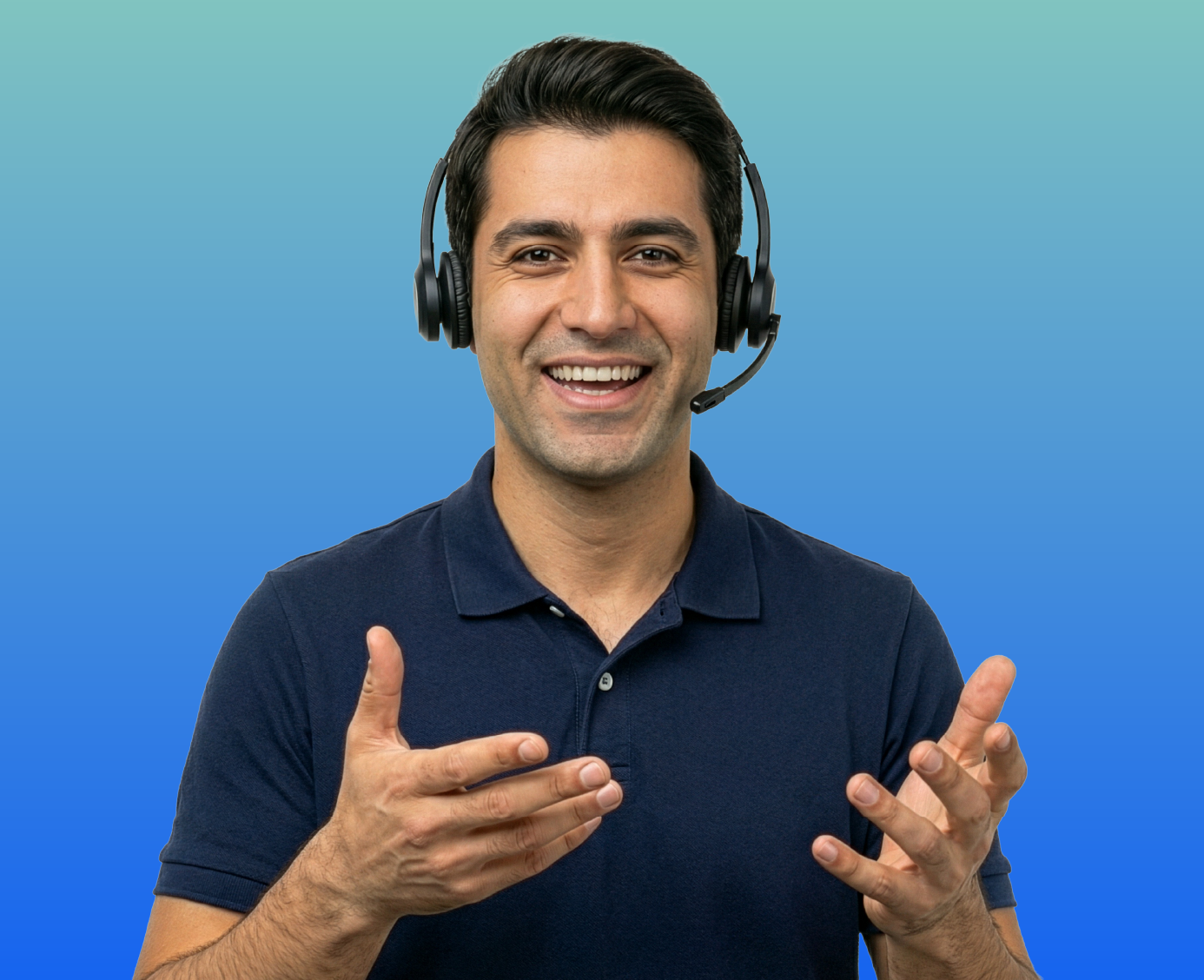 Pashto interpreter with a headset on, smiling at the camera