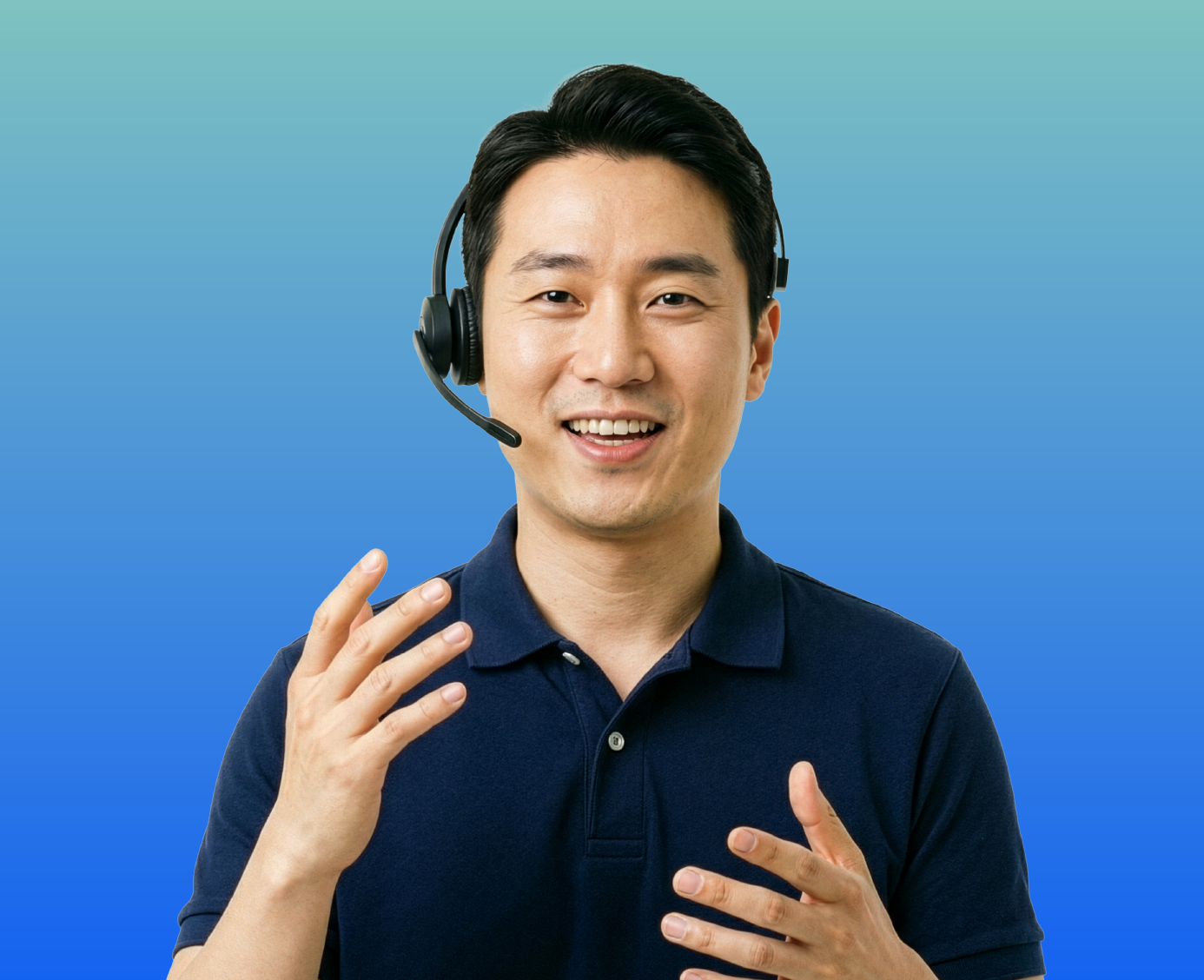 Korean interpreter with a headset on, smiling at the camera, and signing