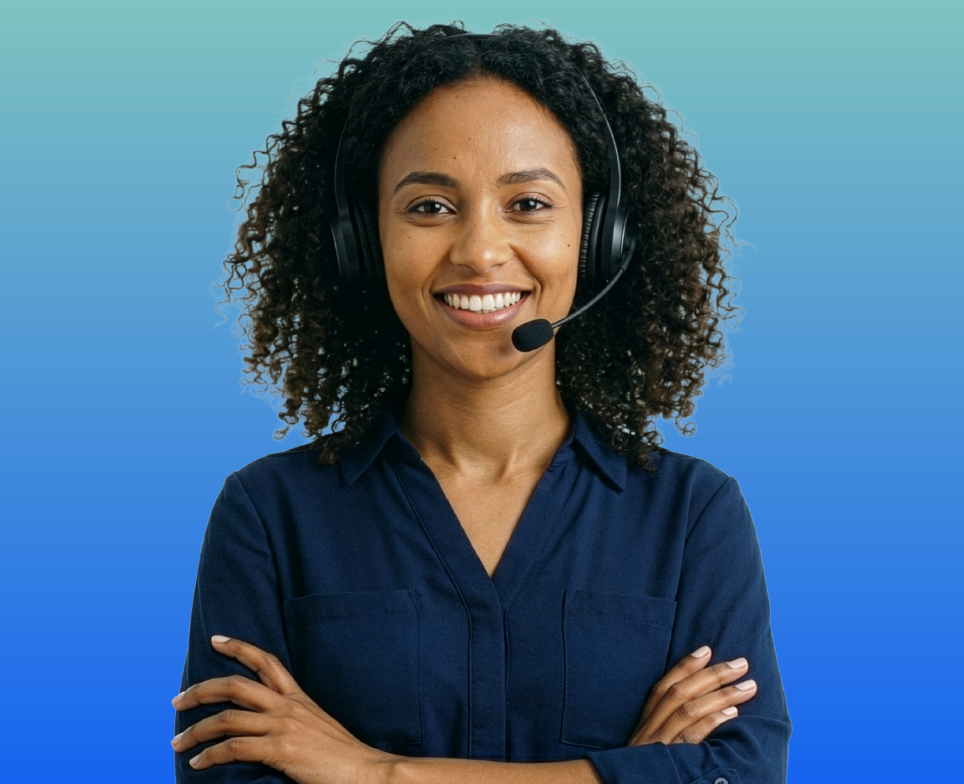 Amharic interpreter with a headset on, smiling at the camera
