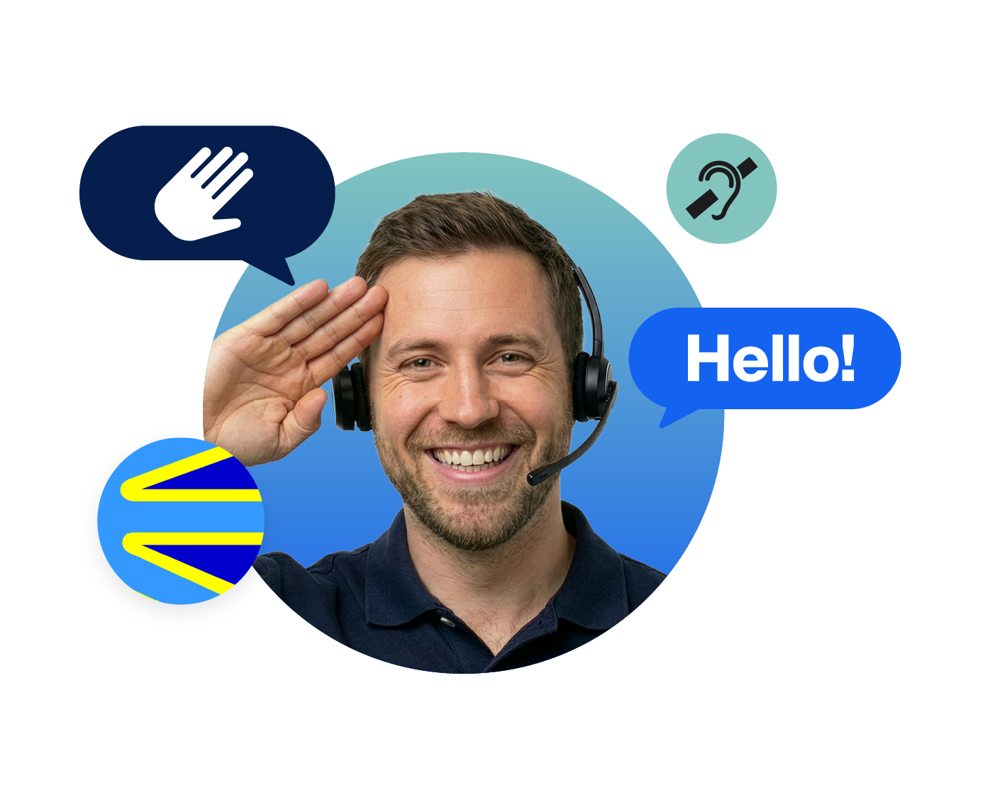 A male ASL interpreter with a headset on, signing the word "hello". The Deaf flag is also featured.