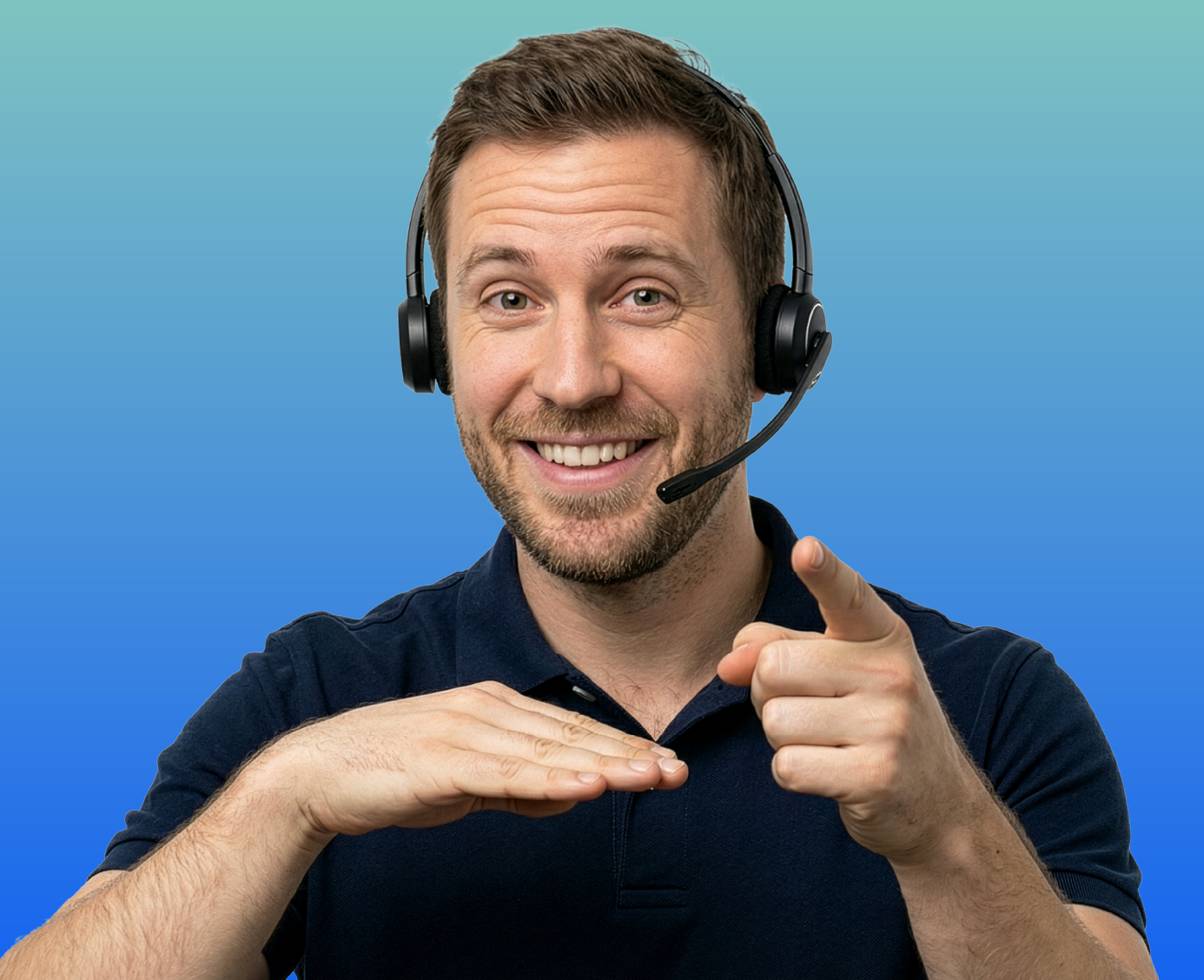 ASL interpreter with a headset on, smiling at the camera, and signing