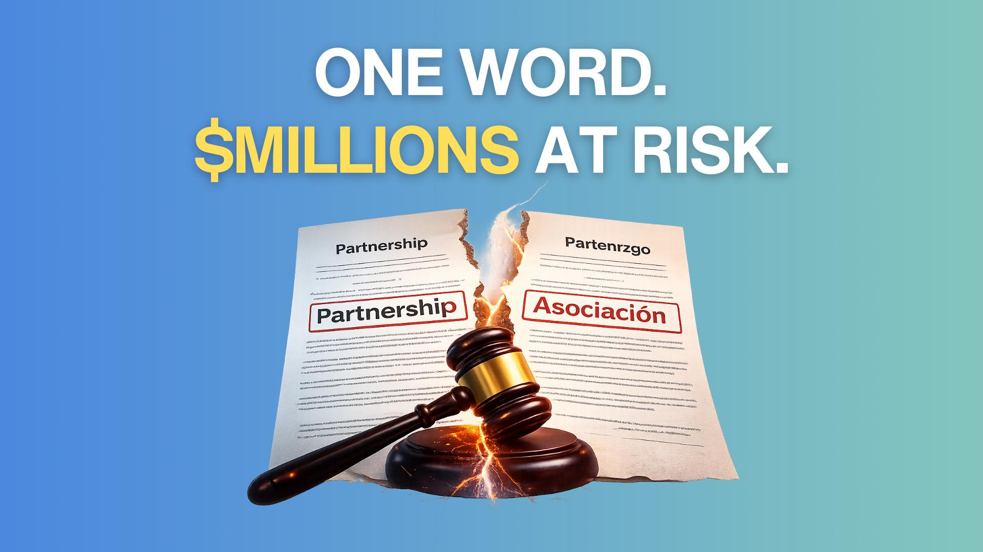 Split contract torn down the center between English “Partnership” and Spanish “Asociación,” with a judge’s gavel in front and the headline “One Word. $Millions at Risk.” above on a blue background.