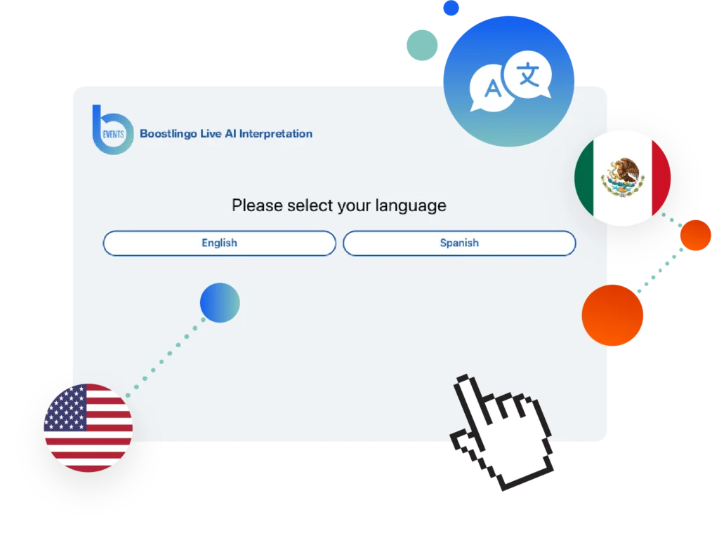 Boostlingo Live AI interpretation interface showing English and Spanish language selection for real-time English to Spanish translation at meetings and events.