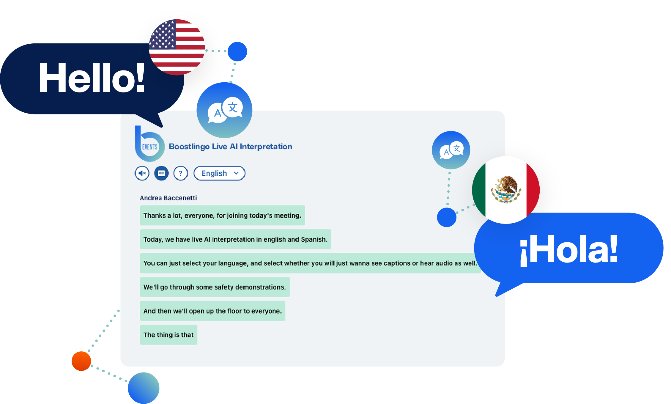 Boostlingo Live AI Interpretation interface displaying real-time multilingual captions with English and Haitian Creole translation, featuring speech bubbles with U.S. and Mexican flags and options for language selection, audio, and captions for virtual events.