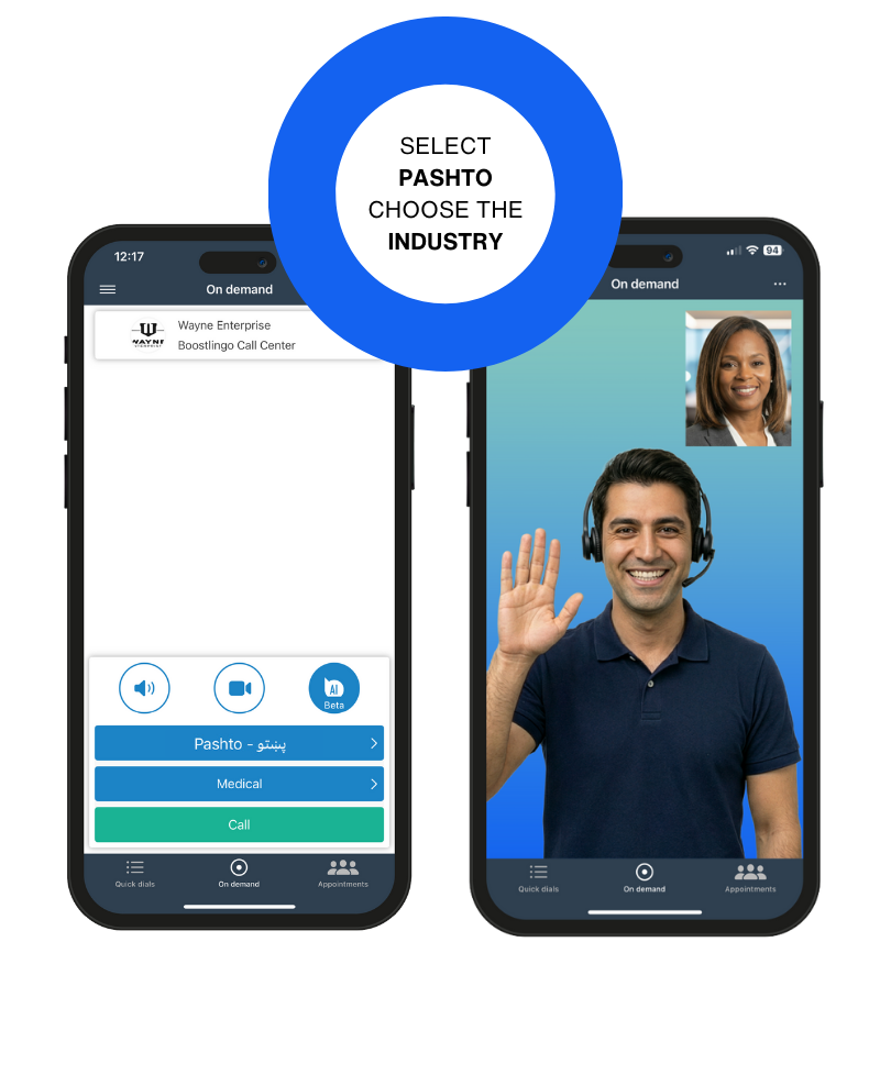 Boostlingo app selecting a Pashto medical interpreter, connecting to a Pashto interpreter with a headset on. Text instructs the reader to select Pashto and choose the industry.