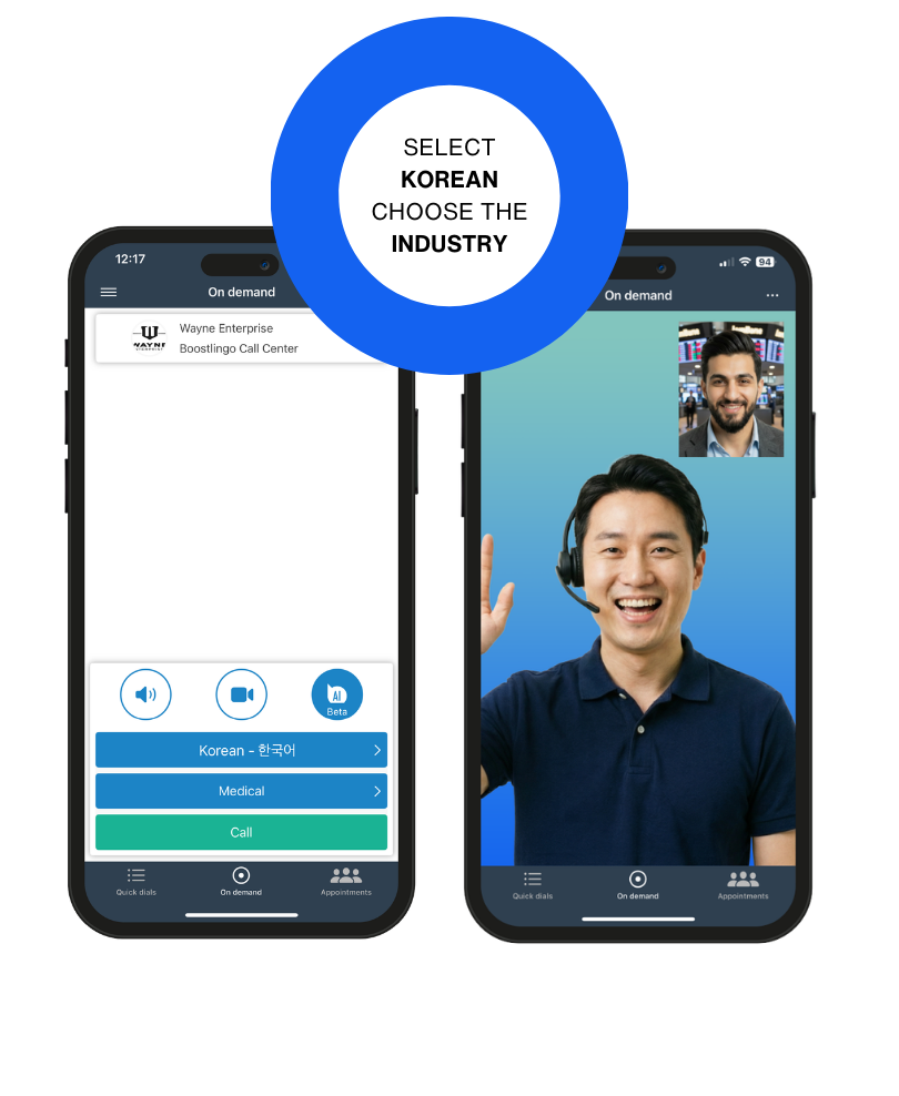 Boostlingo app selecting a Korean medical interpreter, connecting to a Korean interpreter with a headset on. Text instructs the reader to select Korean and choose the industry.