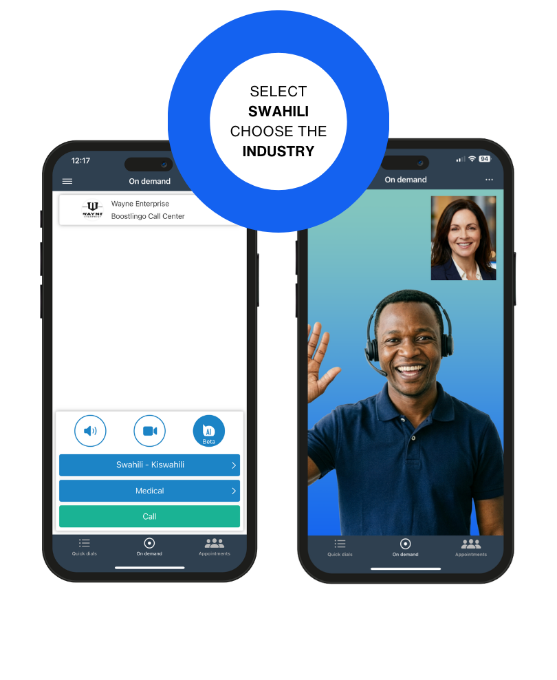 Boostlingo app selecting a Swahili medical interpreter, connecting to a Swahili interpreter with a headset on. Text instructs the reader to select Swahili and choose the industry.