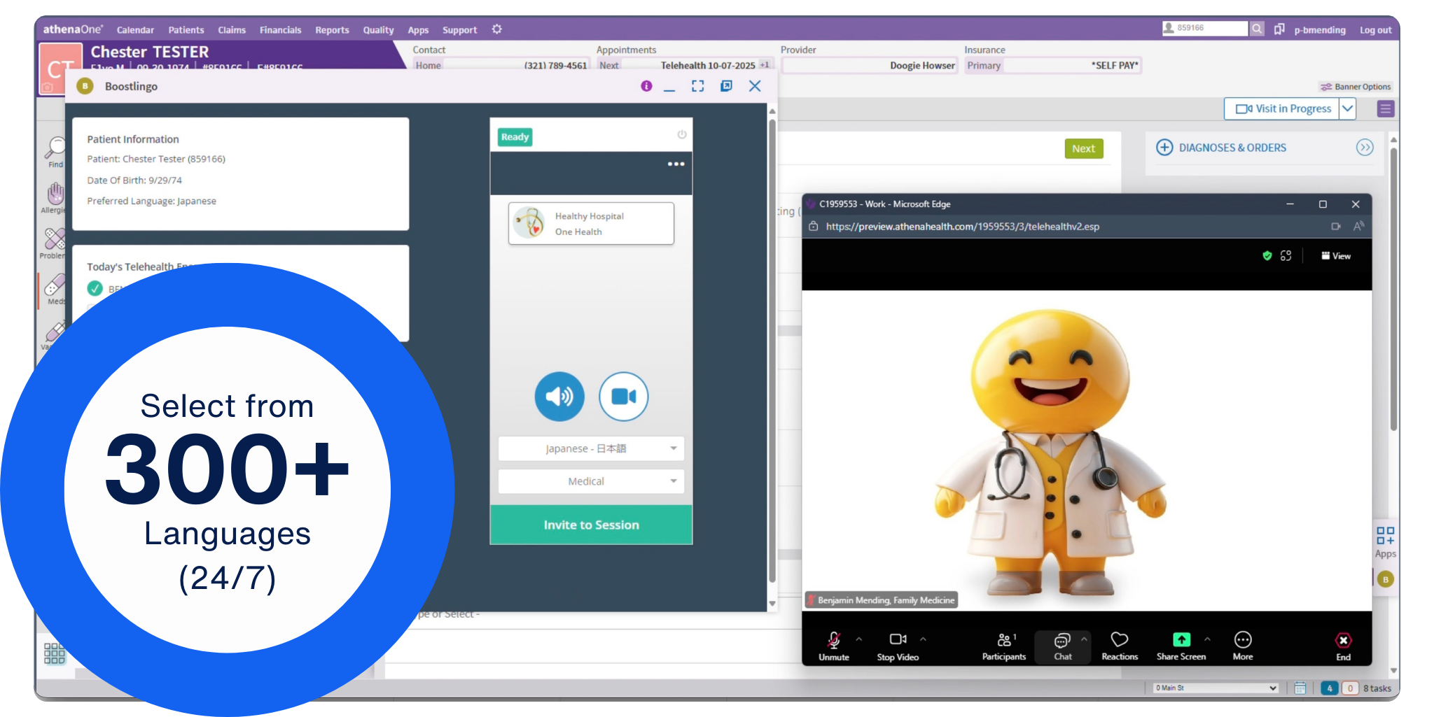 Boostlingo live medical interpretation integrated in athenaOne EHR, showing telehealth session interface with language selection dropdown and “Select from 300+ Languages (24/7)” badge for on-demand healthcare translation.