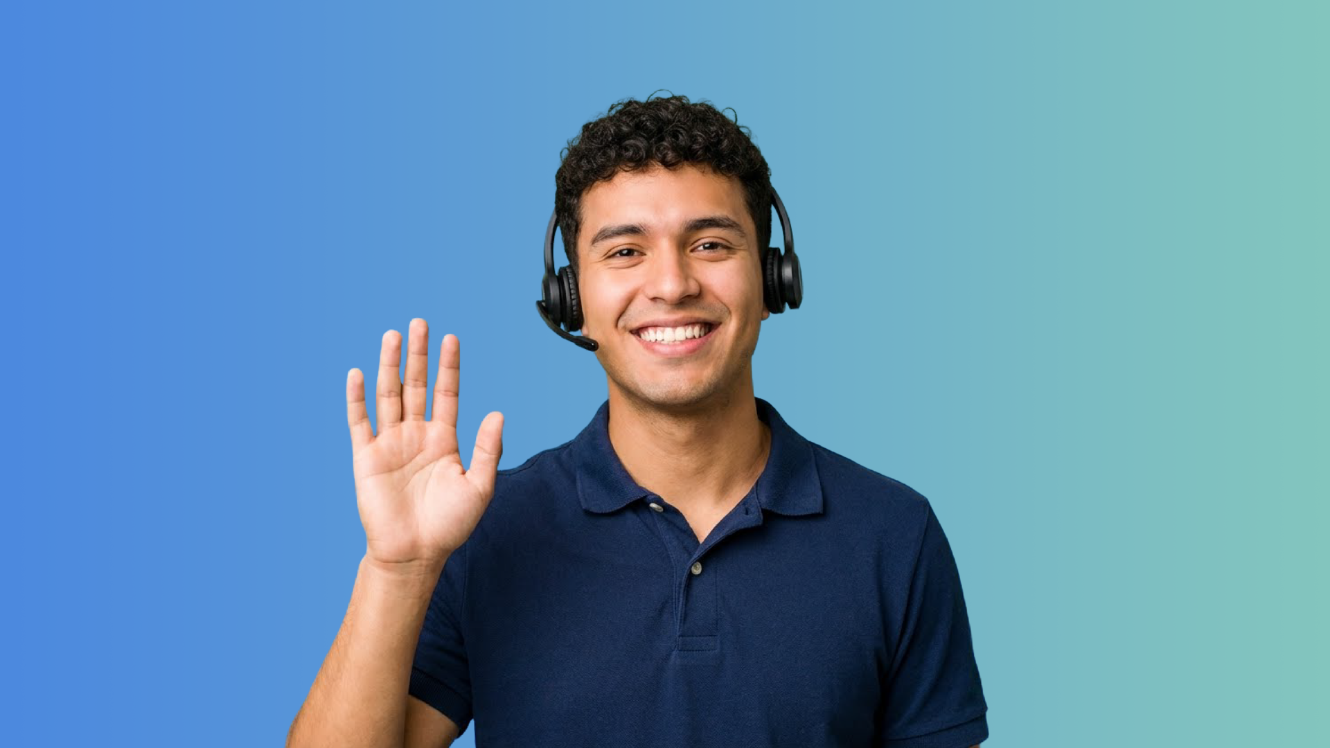 Professional interpreter wearing a headset smiling and raising a hand, representing live language interpretation services.