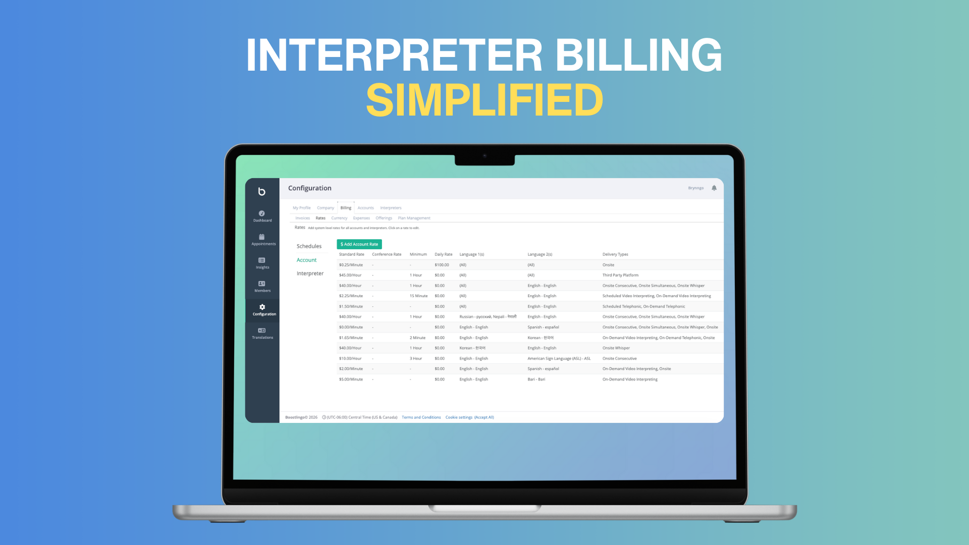 Boostlingo blog thumbnail showing a laptop displaying the Configuration Billing screen with interpreter account rates and language pairs, over a blue gradient background with the headline “Interpreter Billing Simplified,” representing healthcare and enterprise interpreter billing management.