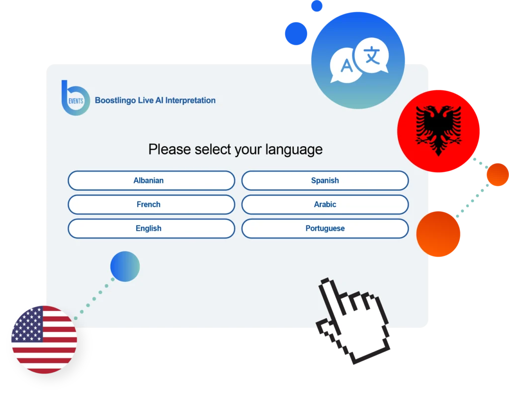 AI-powered Albanian translation interface with language selection for live multilingual meetings and real-time communication